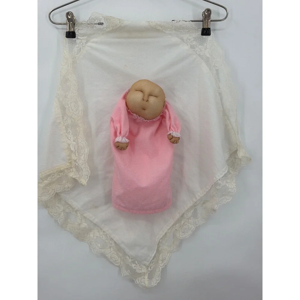 Vintage Soft Sculpture Sleeping Baby Hand Puppet Pink Fleece Lace Handkerchief